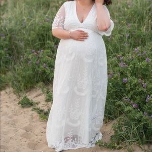 PinkBlush White Lace Mesh Overlay Plus Maternity Maxi Dress